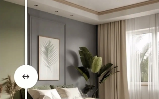 The painting tool showing a bedroom with the walls before and after a new paint color